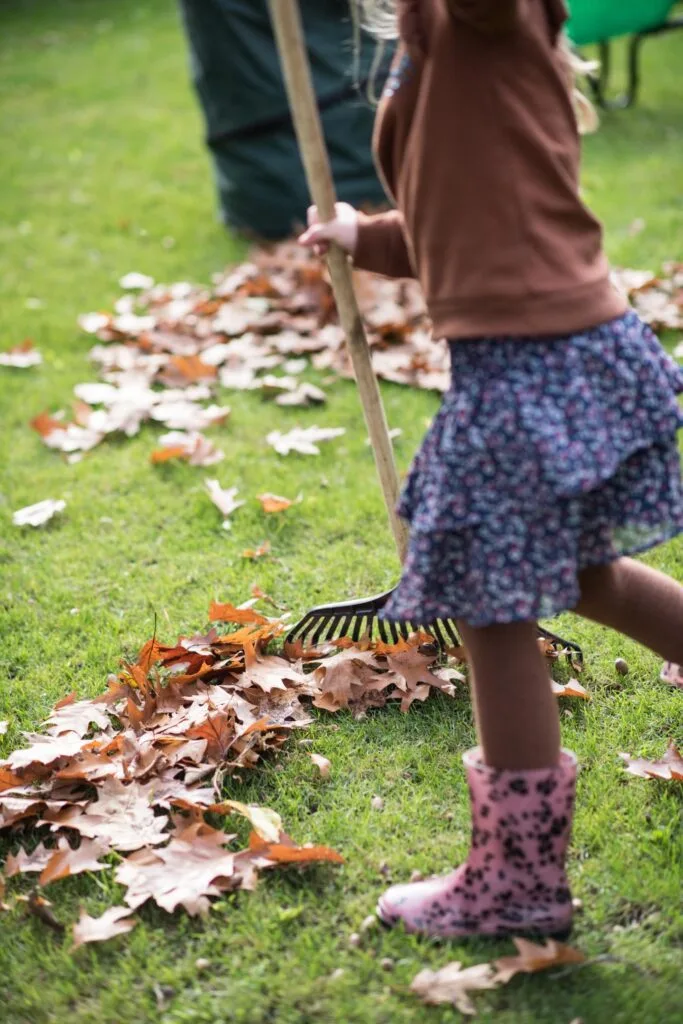 Meisje harkt bladeren op grasveld in de tuin