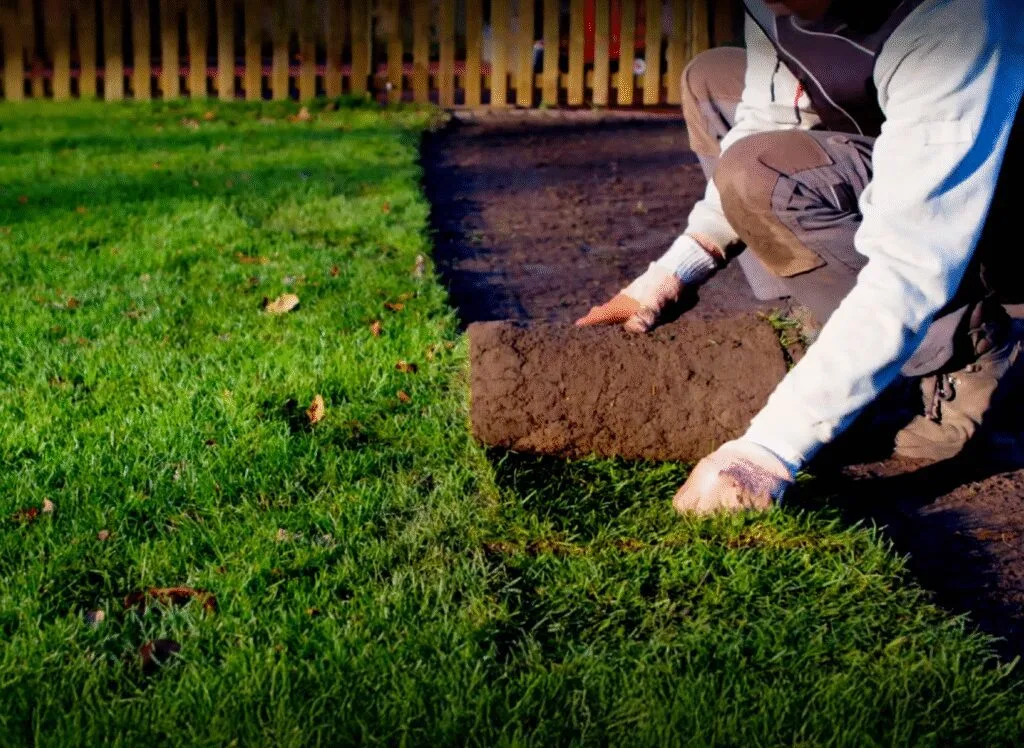 Professionele tuinman legt verse graszode op voorbereide grond in Nederlandse achtertuin