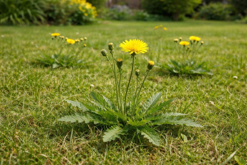 Akkerleeuwenklauw in het gazon - lichtgroene drielobbige blaadjes laag bij de grond