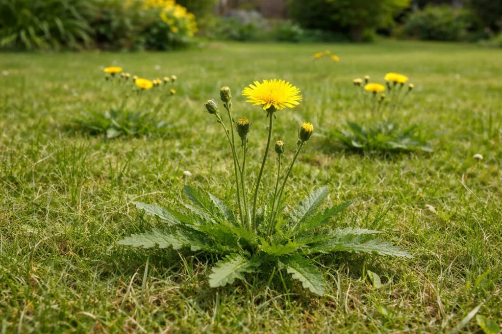 Akkerleeuwenklauw in het gazon - lichtgroene drielobbige blaadjes laag bij de grond