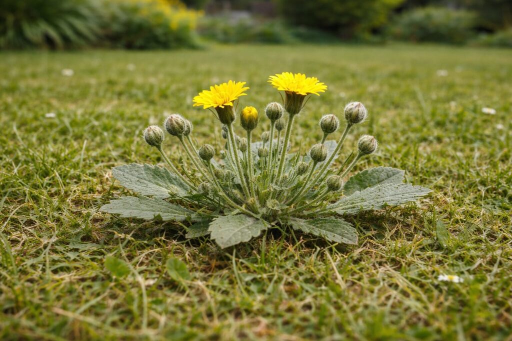 Muizenoor herkennen in het gazon - grijsgroene behaarde rozet plat op de grond