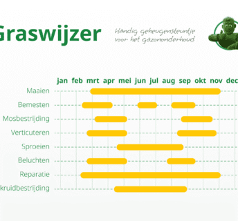 Graswijzer - jaarkalender met onderhoudsschema voor gazon: maaien bemesten mosbestrijding verticuteren sproeien beluchten reparatie en onkruidbestrijding per maand