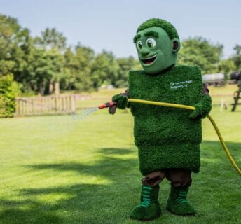 Grasmattie sproeit een vers groen gazon om het gras goed te laten wortelen na de aanleg.