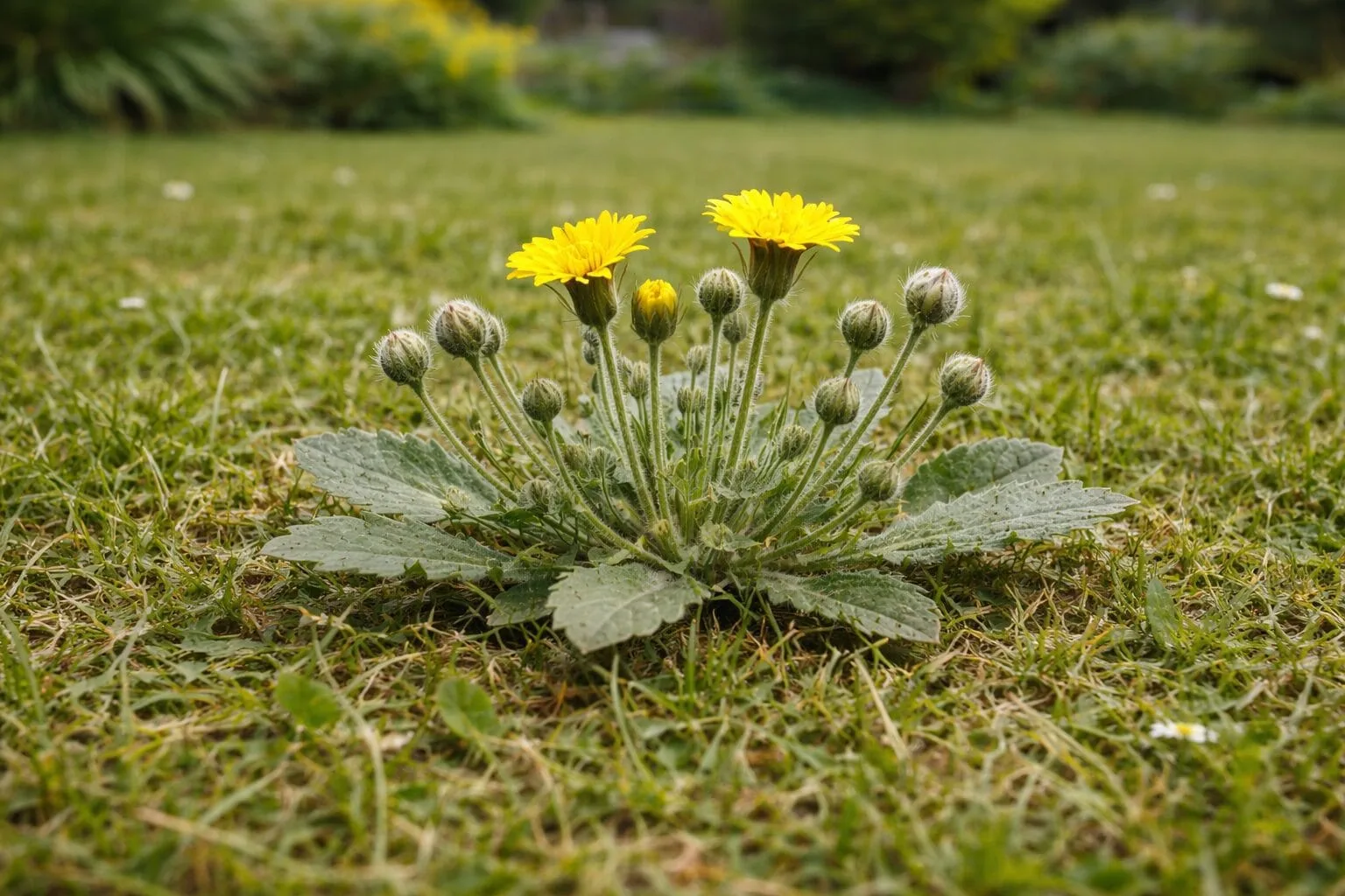 Muizenoor herkennen in het gazon - grijsgroene behaarde rozet plat op de grond