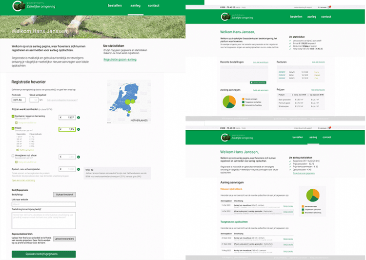 Dashboard van het hoveniersportaal van Graszodenkopen met bestellingen en statistieken